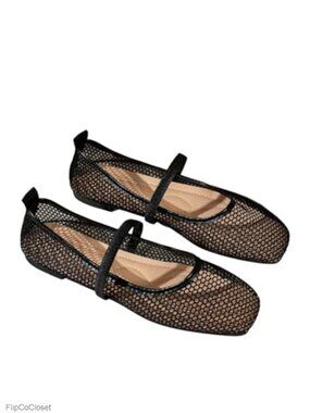 Women's Fishnet Mesh Ballet Flats Sheer Square Toe Slip-On Shoes